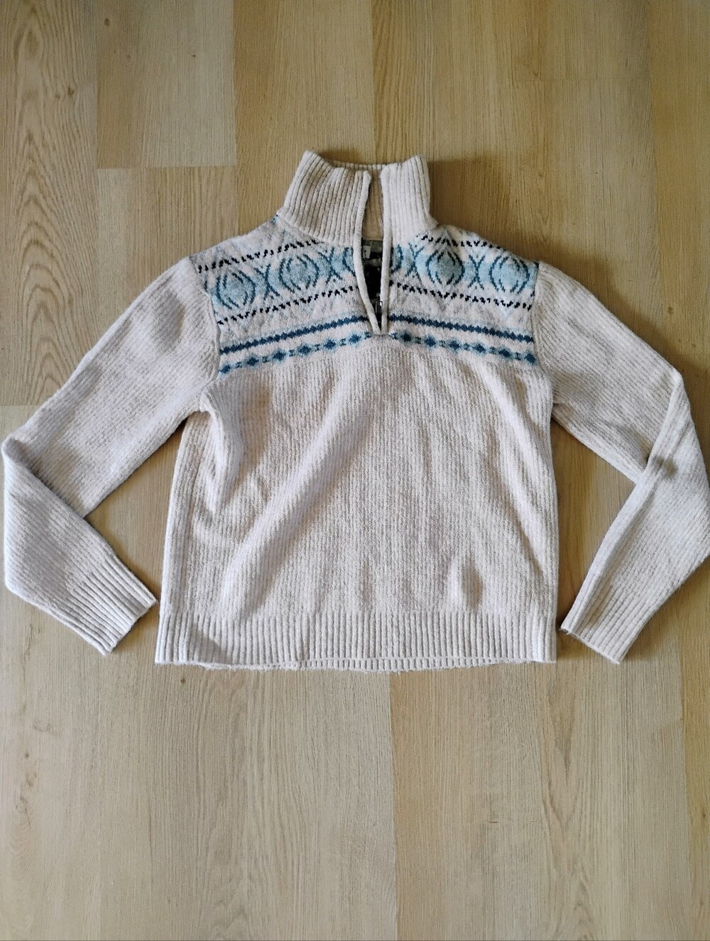 Women's Cream Pullover Sweater with Blue Fair Isle Yoke